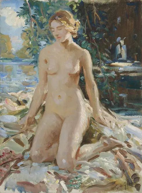 A kneeling female nude in a landscape by Wilfrid Gabriel de Glehn